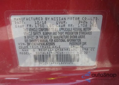 2019 Nissan Versa 1.6 S+ z USA, uszkodzony, nr VIN 3N1CN7APXKL822025